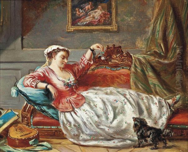 A Lady In Her Boudoir With A Dog Oil Painting by Etienne Jeaurat