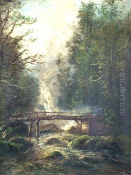 Waterfall With Wooden Bridge In A Wooded Mountain Landscape Oil Painting by Joseph Jefferson