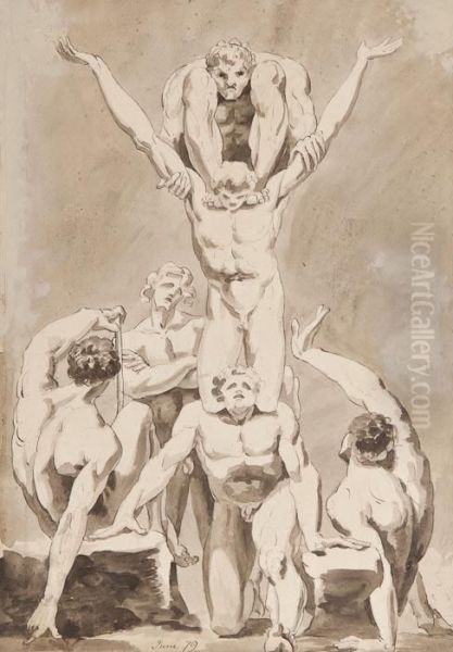 The Master Of The Giants An Heroic Or Acrobatic Figure Group, Pen And Ink With Monochrome Ink Wash, Dated June '79 Lower Centre, 56.5 X 38cm , Exhibition Label Of Roland, Browse & Delbanco On Backboard. *** The Exhibition Label Cites The Artist As Simply Oil Painting by James Jefferys