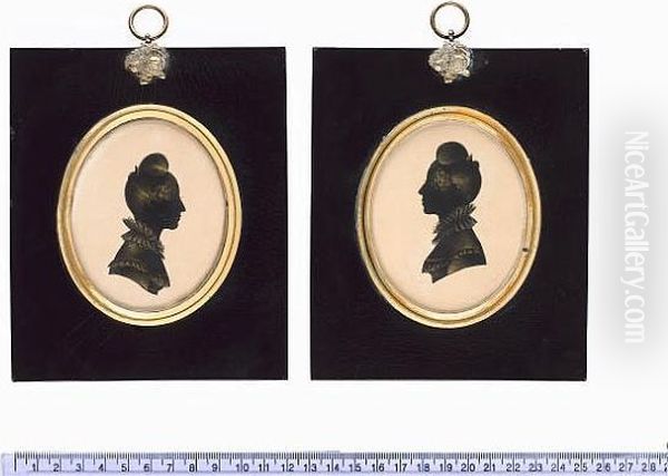 A Pair Of Silhouettes Of Ladies, Probably Sisters, Both Wearing Dresses With Falling Frilled Collars And High Frilled Collars, Their Hair Worn In Apollo Knots And Held With Combs Oil Painting by Jeffreson