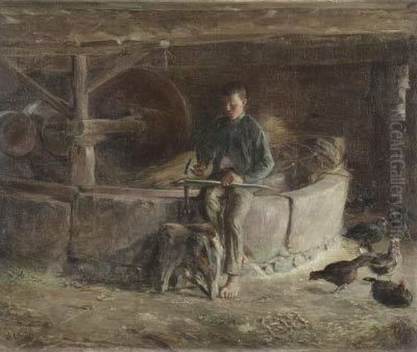 Sensenreparatur Am Muhlstein Oil Painting by Charles Henry Jeidels