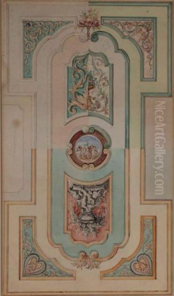 Design For A Ceiling Decoration With Putti In A Cartouche In The Centre Oil Painting by Johannes Rienksz. Jelgerhuis