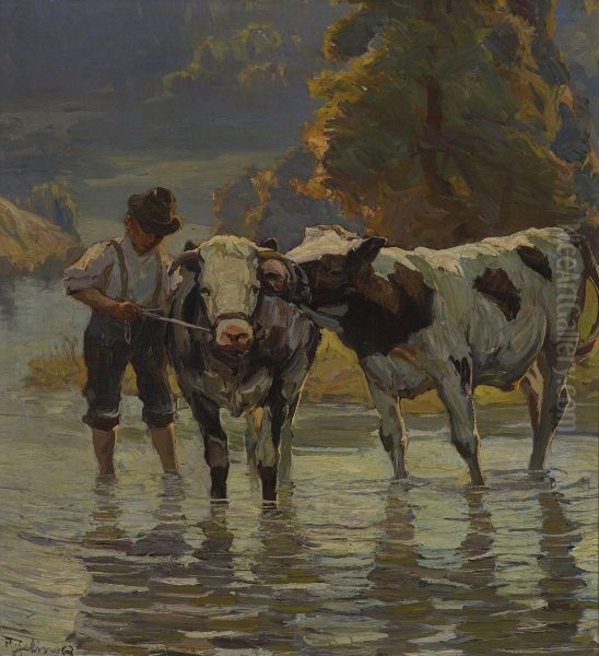 Hutejunge Mit Rindern Am Wasser Oil Painting by Rudolph Jelinek