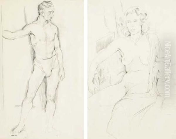 Seated Female Nude And Standing Male Nude Oil Painting by Mainie Harriet Jellett