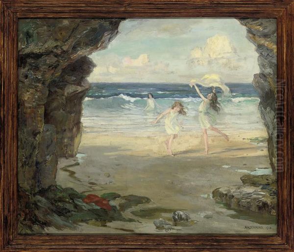 Girls Playing On A Beach Oil Painting by Arthur Henry Jenkins