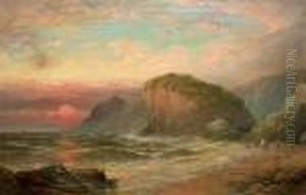 Coastal View With Wreckers At Sunset Oil Painting by George Henry Jenkins