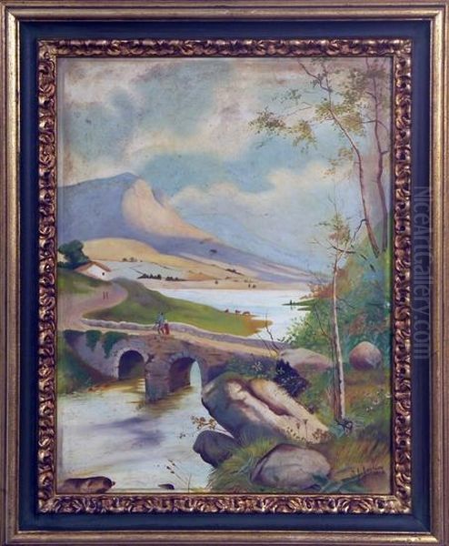 1914. Paesaggio Fluviale Con Ponte E Contadini Oil Painting by Joseph John Jenkins