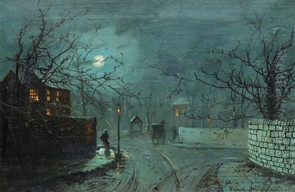 A Moonlit Street Scene Oil Painting by Wilfred Jenkins