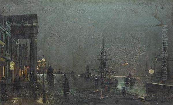 Moonlit Port Scene Oil Painting by Wilfred Jenkins