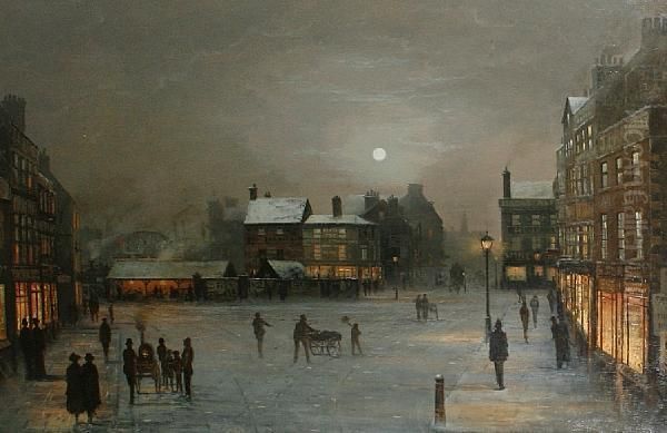 Moonlit Street Scene Oil Painting by Wilfred Jenkins