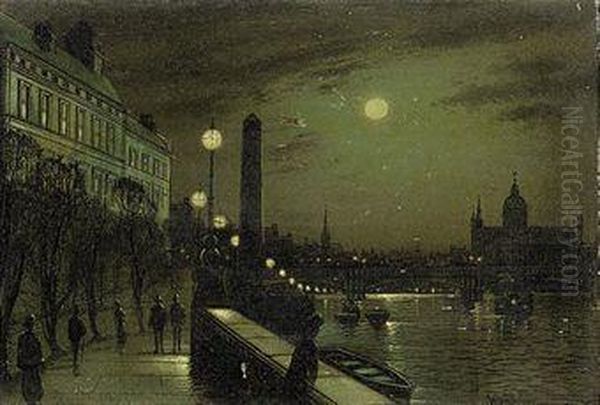 The Thames Embankment, London Oil Painting by Wilfred Jenkins