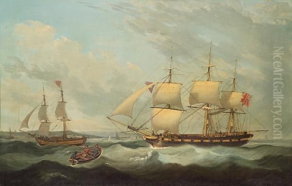 A British Man O' War Offshore With Othershipping Oil Painting by John Jenkinson