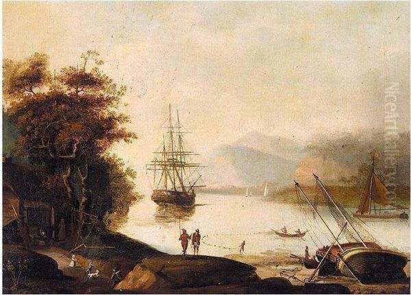 Estuary Scene With Fisherman And A Man-o-war At Anchor Oil Painting by John Jenkinson