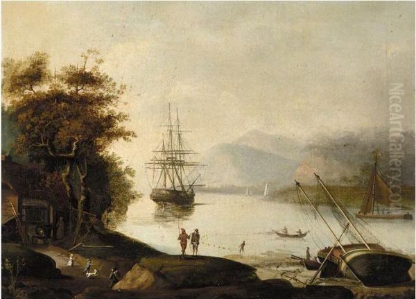 Estuary Scene With Fisherman And A Man Of War At Anchor Oil Painting by John Jenkinson