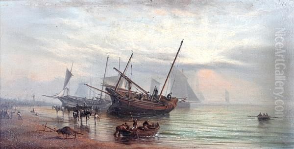 Eventide With Beached Fishing Vessels Oil Painting by William Jenner