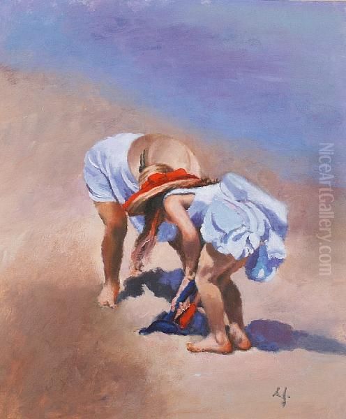 Two Girls On A Beach Oil Painting by Sharyn Jennings