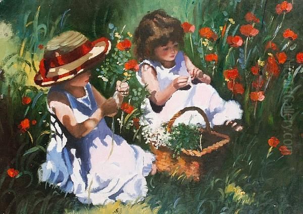 Two Girls In A Poppy Field Oil Painting by Sharyn Jennings