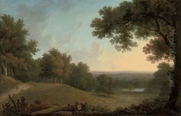 A View At Westhamble, Surrey, With A Figure On A Track, A Lake In The Distance Oil Painting by William George Jennings