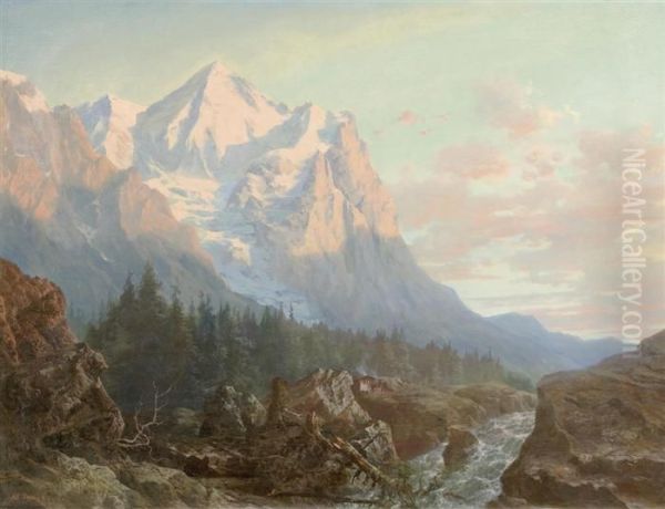 Landscape With Mountains At Sunset Oil Painting by Arnold Jenny