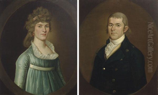 Pair Of Portraits Of A Lady And A Gentleman Oil Painting by William Jennys