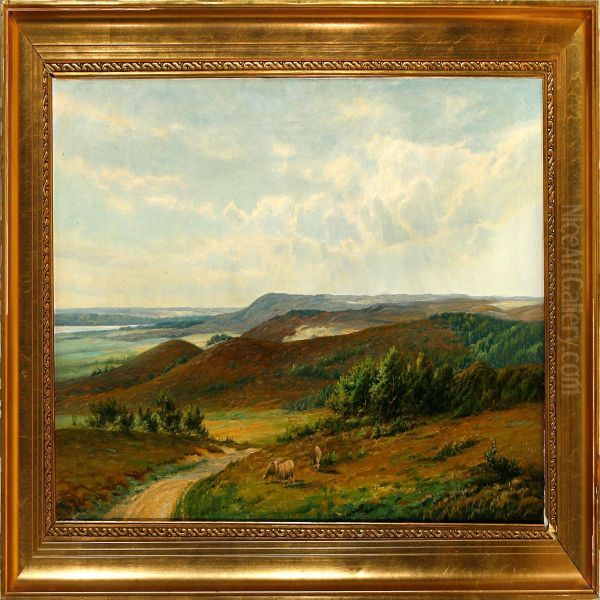 A Danish Moor Landscape With Grazing Sheep Oil Painting by Carl Christian Oluf Jensen