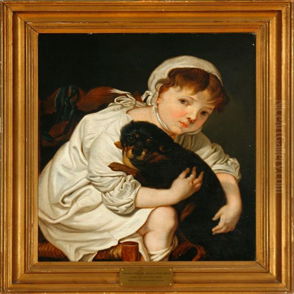 A Little Girl Playingwith A Puppy Oil Painting by Christian Albrecht Jensen