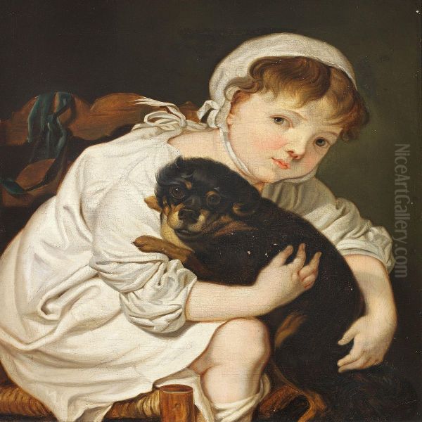 "a Little Girl Playing With A Puppy" Oil Painting by Christian Albrecht Jensen