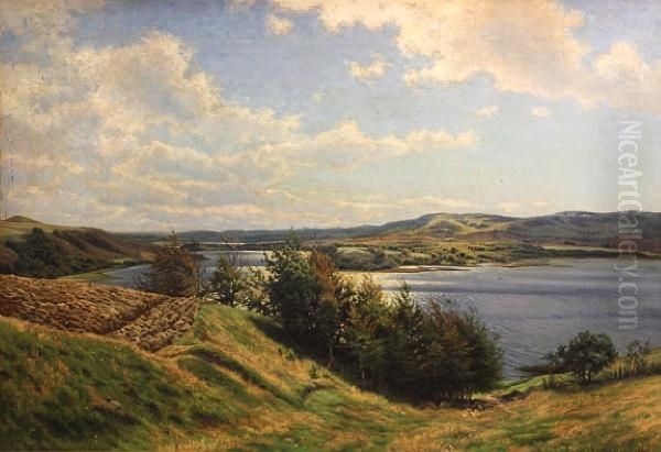 An Extensive River Landscape On A Summer Afternoon Oil Painting by Edvard Michael Jensen