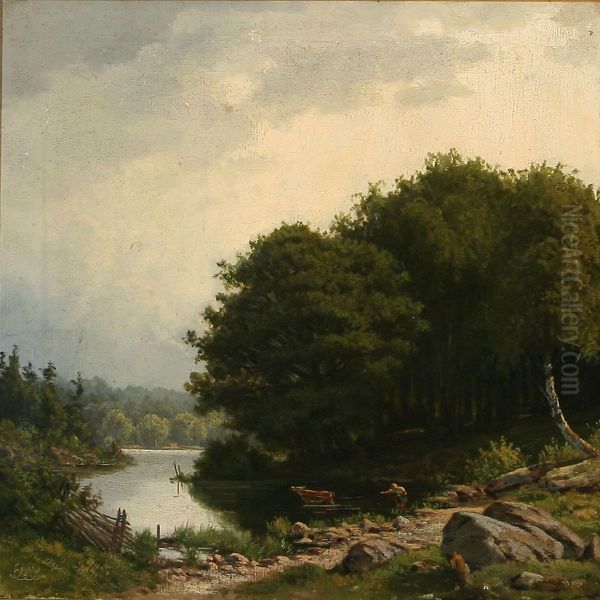 Forest Scene With A Lake Oil Painting by Edvard Michael Jensen