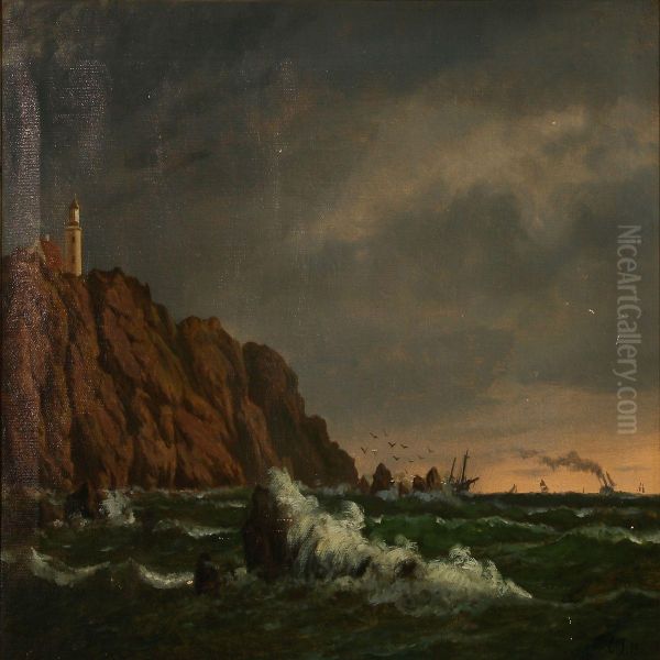 Coastal View With A Lighthouse On Tall Cliffs Oil Painting by Edvard Michael Jensen