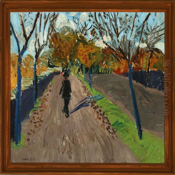 Scenery With A Walking Man Oil Painting by Einar Herman Jensen