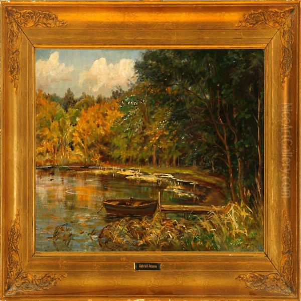 A Rowing Boat In Aforest Lake Oil Painting by Gabriel Oluf Jensen