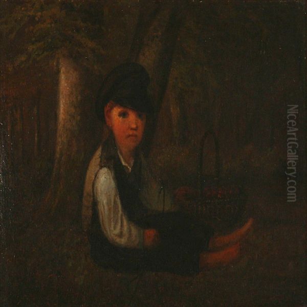 A Boy With A Basket Inthe Forest Oil Painting by Hans Christian Jensen