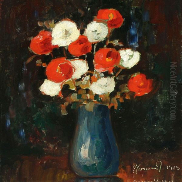 Still Life With Flowersin A Vase Oil Painting by Herman Jensen