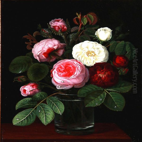 Still Life With Roses In A Vase Oil Painting by I.L. Jensen