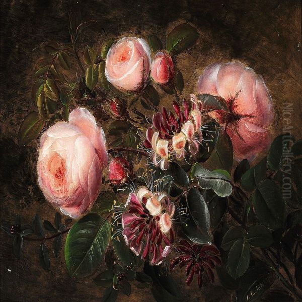 Growing Pink Roses And Honeysuckles Oil Painting by Johan Laurentz Jensen