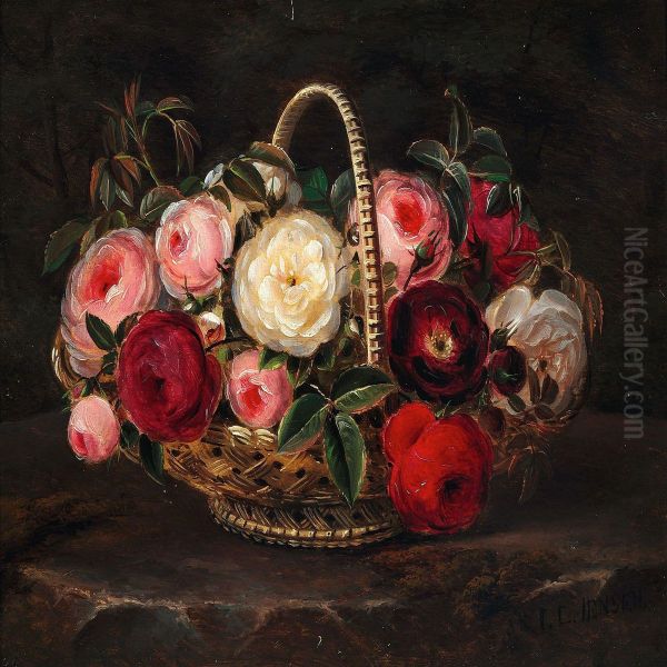 Various Roses In A Basket Oil Painting by Johan Laurentz Jensen