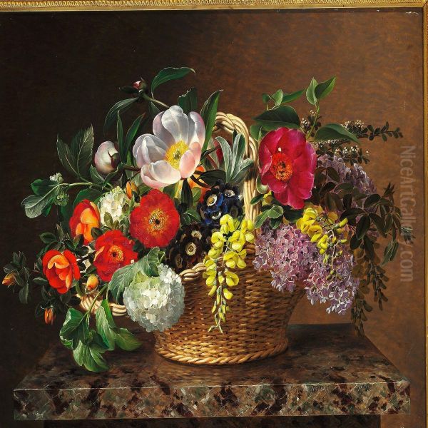 Primulas, Lilacs, Dog Roses, Laburnums And Peonies In A Basket On A Marble Pedestal Oil Painting by Johan Laurentz Jensen