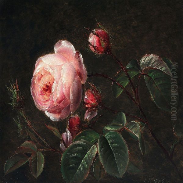 Branches Of Pink Roses Oil Painting by Johan Laurentz Jensen