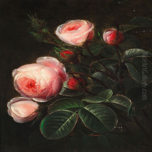 Branches Of Pink Roses Oil Painting by Johan Laurentz Jensen