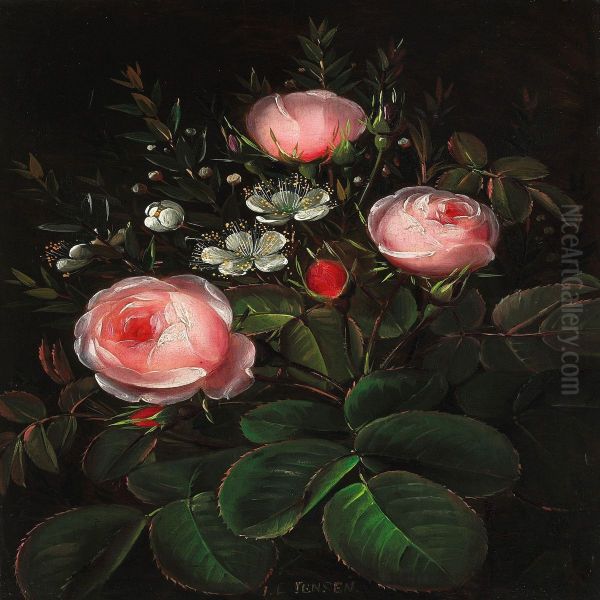 Pink Roses And Myrtles Oil Painting by Johan Laurentz Jensen