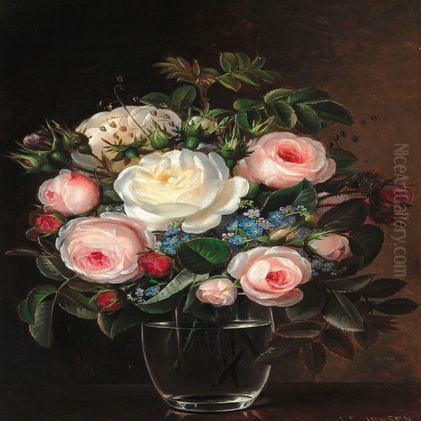 Pink And White Roses Together With Forget-me-nots In A Glass Vase Oil Painting by Johan Laurentz Jensen