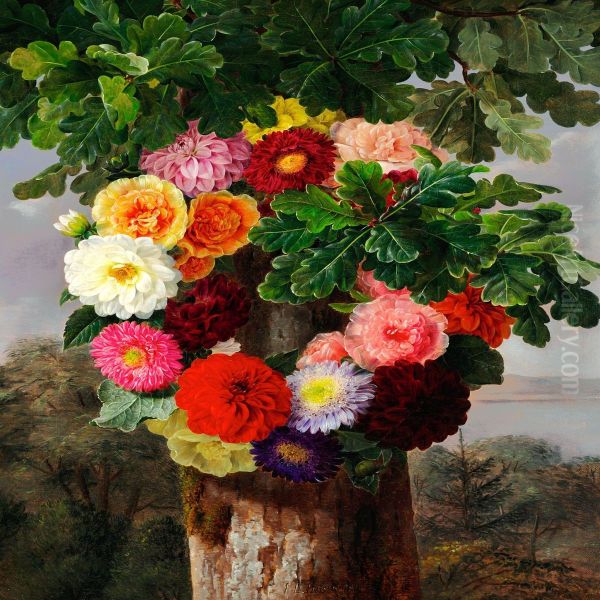 Wreath Of Dahlias On An Oak Tree Oil Painting by Johan Laurentz Jensen