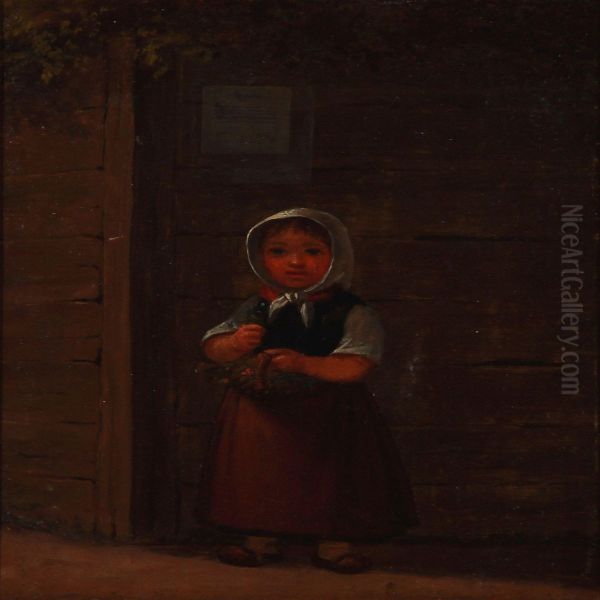 A Girl With A Flower Basket In Front Of A Fence Oil Painting by Johannes Jensen