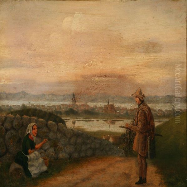 A Fisherman Inconversation With A Woman At A Stone Fence by Johannes Jensen