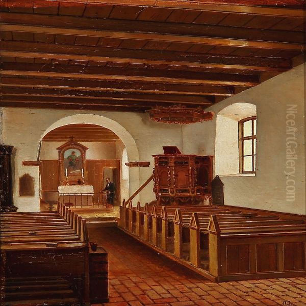 Interior From A Danish Village Church Oil Painting by Karl Jensen