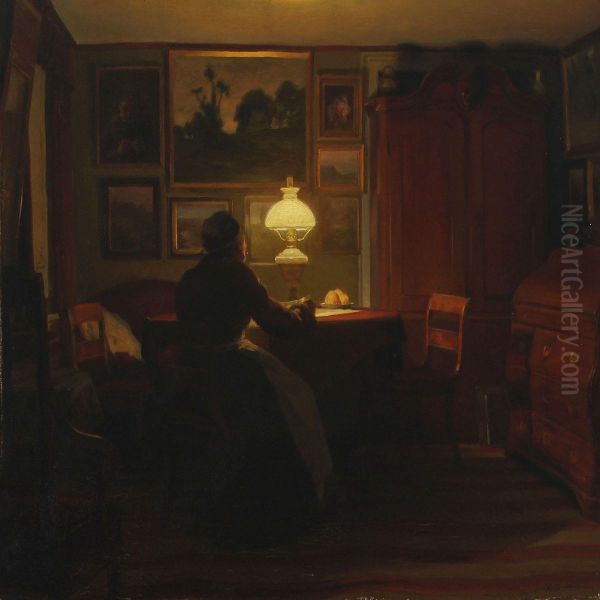 Interior With Womanreading By The Lamp Oil Painting by Karl Jensen