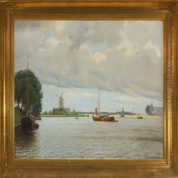 Ved Havnen Idordrecht Oil Painting by Louis Isak Napoleon Jensen