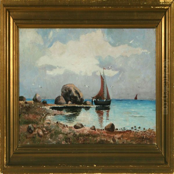 Along The Coast Withfishermen At The Boat Oil Painting by Louis Isak Napoleon Jensen