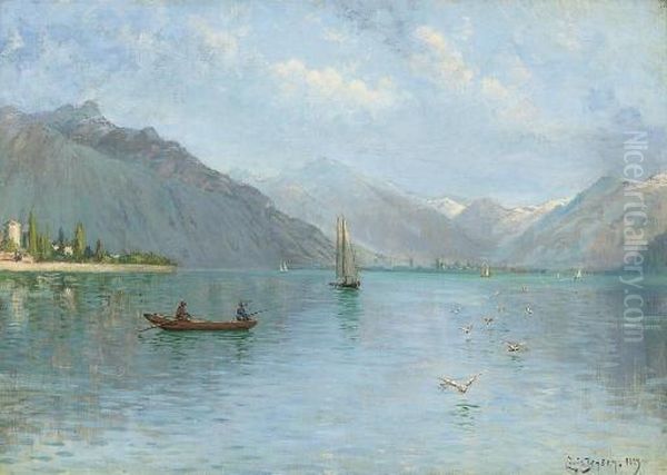 Fishing On Lake Lugano Oil Painting by Louis Isak Napoleon Jensen